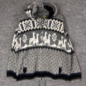 Tejidos Ruminahui Alpaca Zip Up Hoodie Sweater Gray‎ Llama Print Mens M